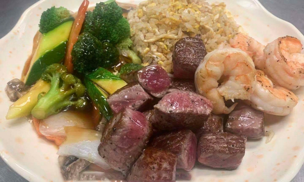 Steak and shrimp hibachi with fried rice and vegetables at New Tokyo & Ichiban Japanese Grill, a Japanese Restaurant in Tupelo