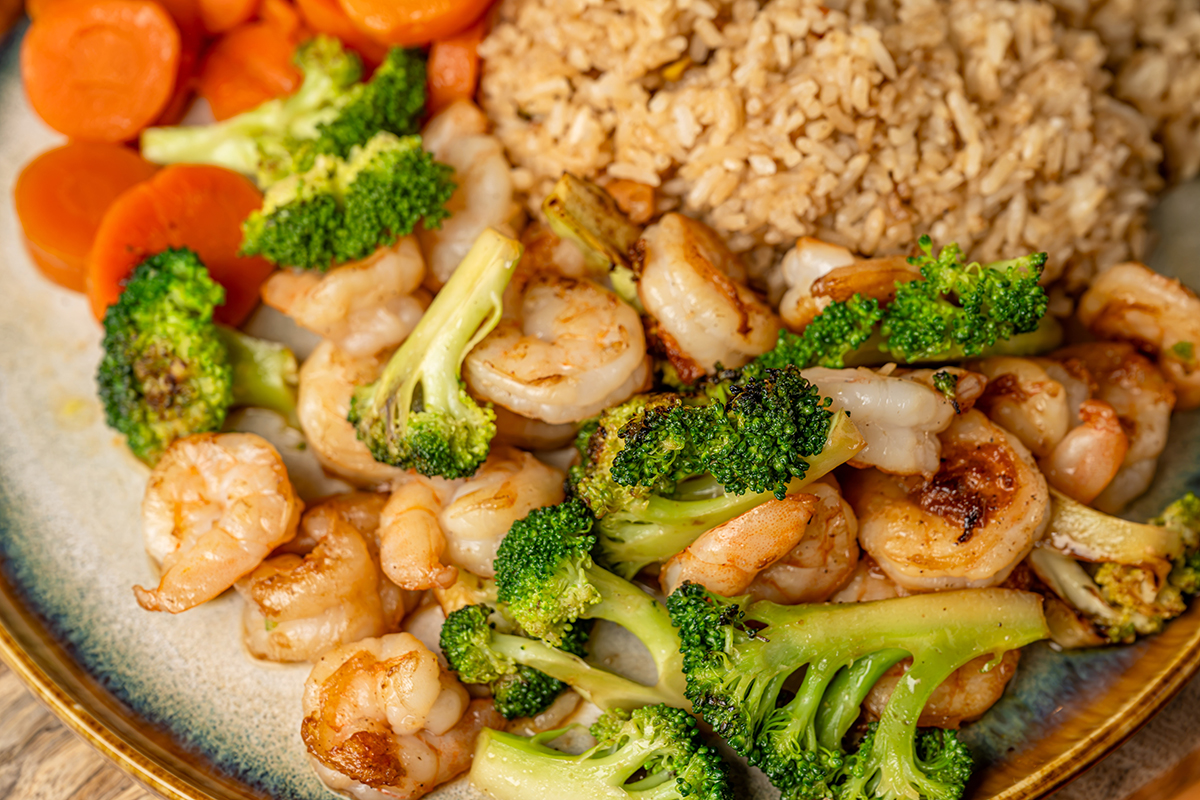 Hibachi shrimp with broccoli carrots and fried rice at New Yamazato, a Japanese Hibachi Restaurant in Rocky Mount