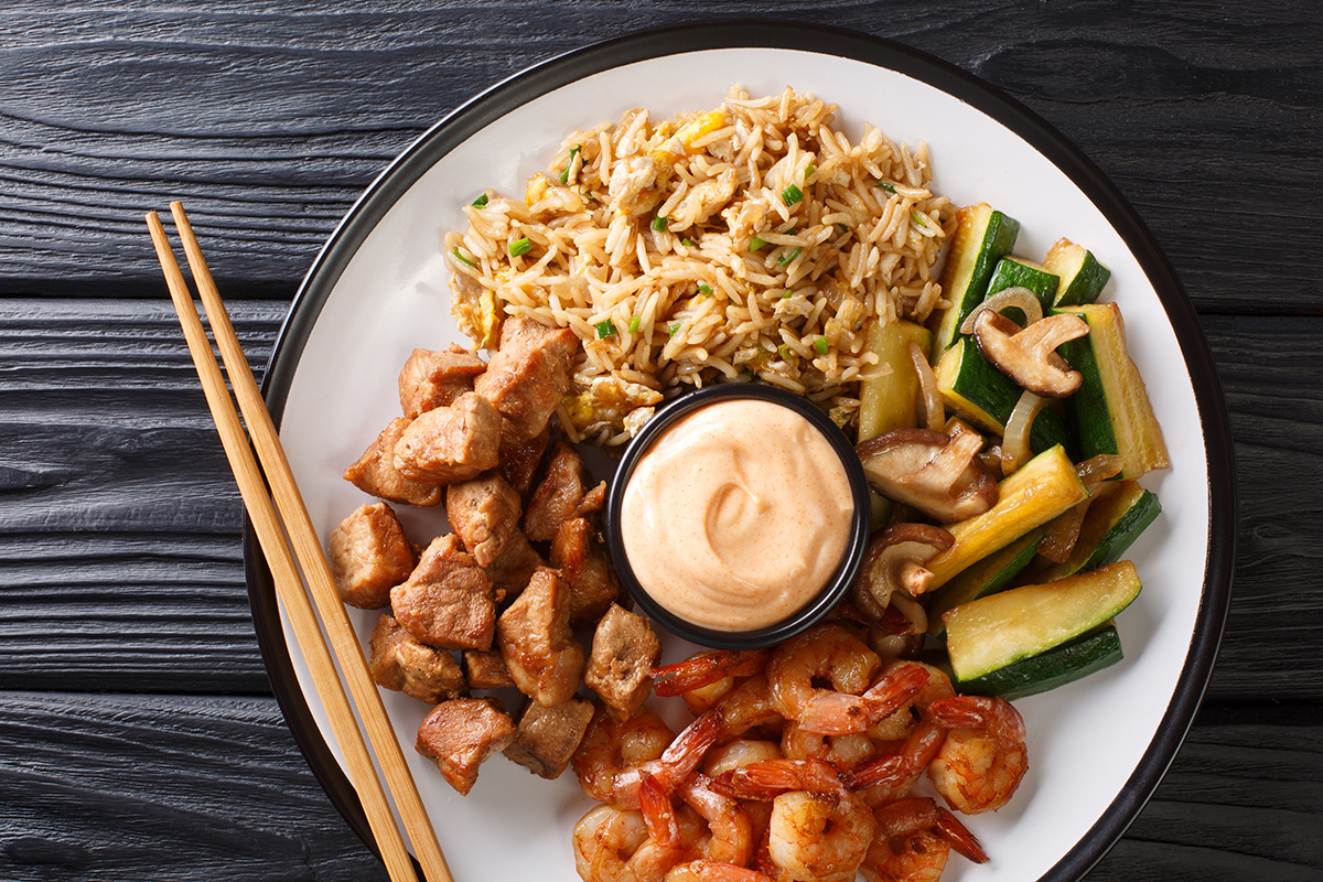 Hibachi chicken shrimp vegetables and fried rice at New Yamazato, a Japanese Hibachi Restaurant in Rocky Mount