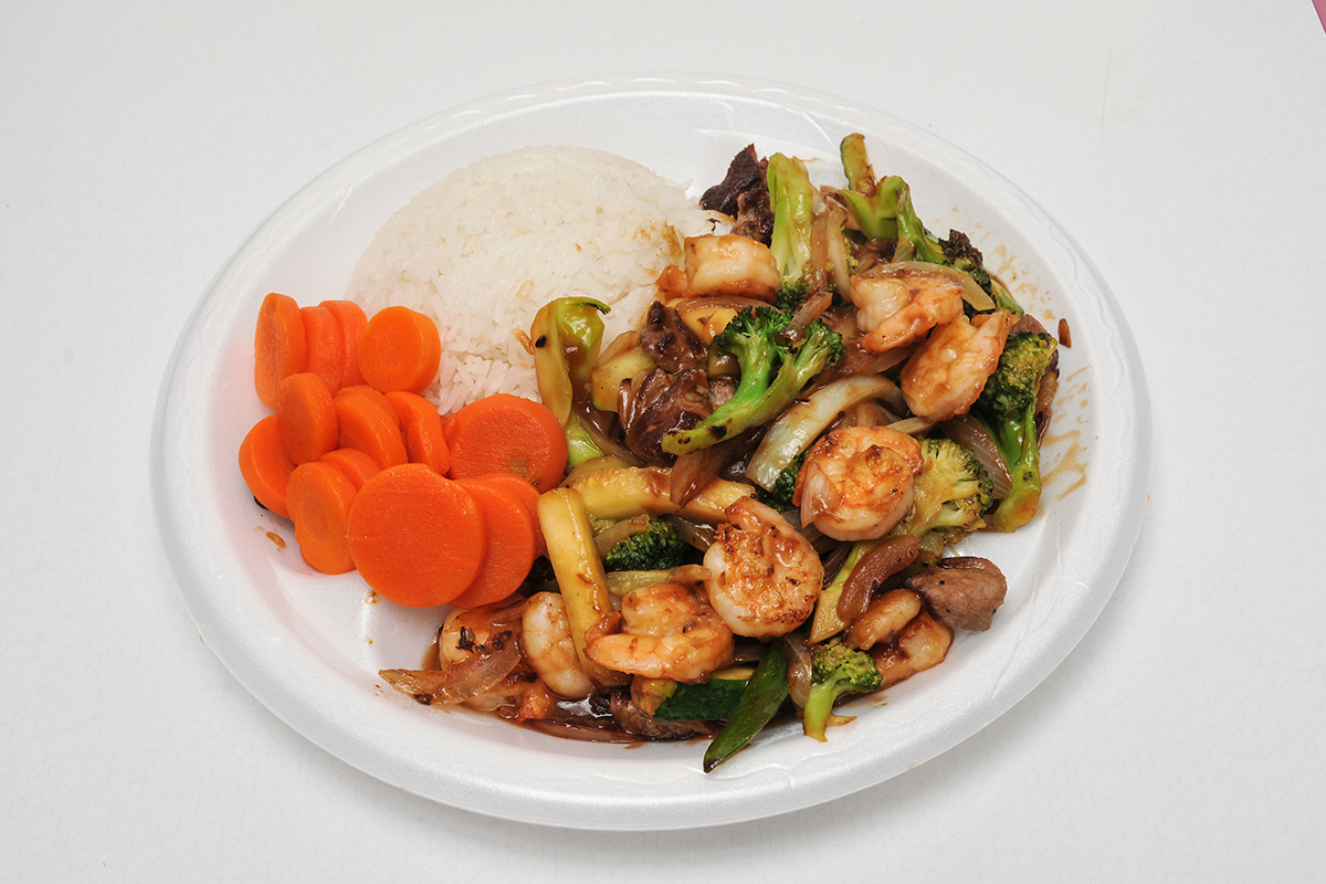 Hibachi shrimp steak vegetables carrots and rice at New Yamazato, a Japanese Hibachi Restaurant in Rocky Mount