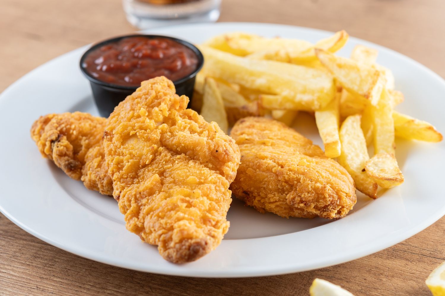 Chicken tenders with fries and ketchup served on a white plate at NEW YORK BUFFALO WINGS, a American restaurant in Forest Park