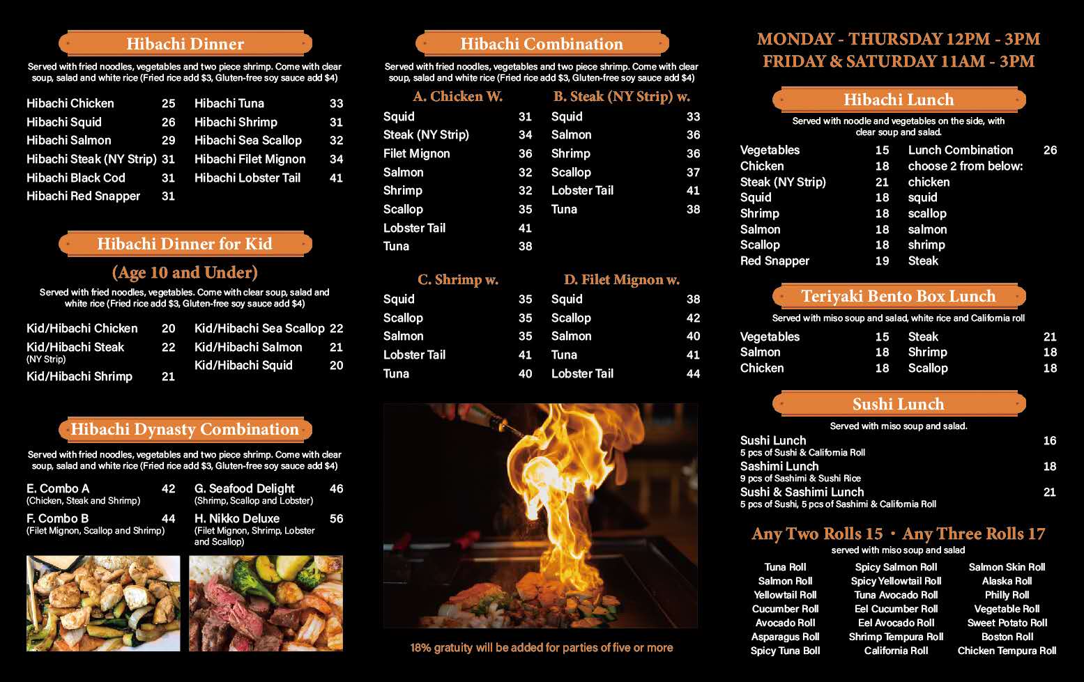 2025 December promotional image of Nikko Hibachi chef preparing holiday-themed teppanyaki meal at tableside grill