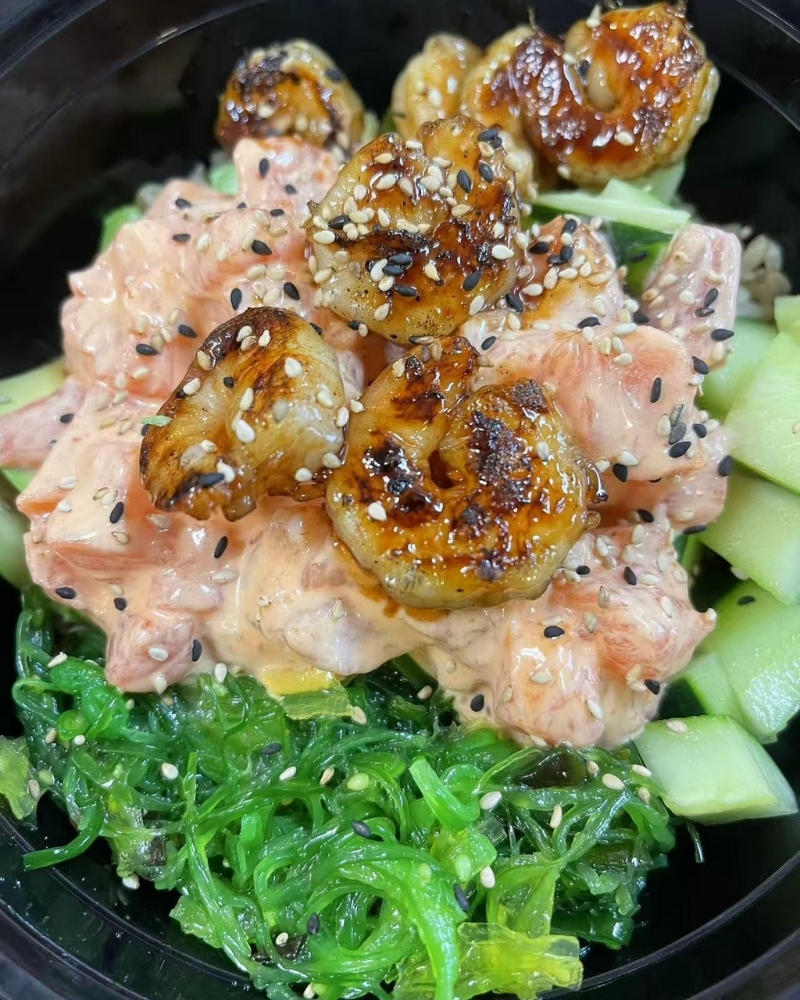 Spicy salmon poke bowl with grilled shrimp and sesame seeds at Ninja Cafe - Kung Fu Tea, a Bubble Tea Store in High Point