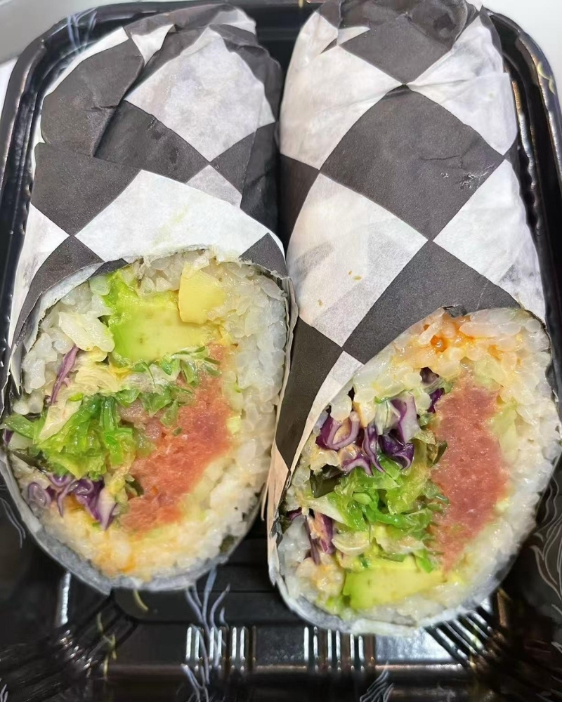 Sushi burrito with tuna, avocado, and fresh veggies at Ninja Cafe - Kung Fu Tea, a Bubble Tea Store in High Point