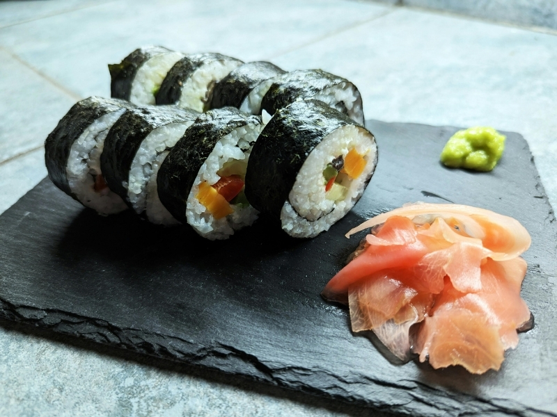 Vegetable maki sushi with pickled ginger and wasabi at Ninja Cafe - Kung Fu Tea, a Bubble Tea Store in High Point