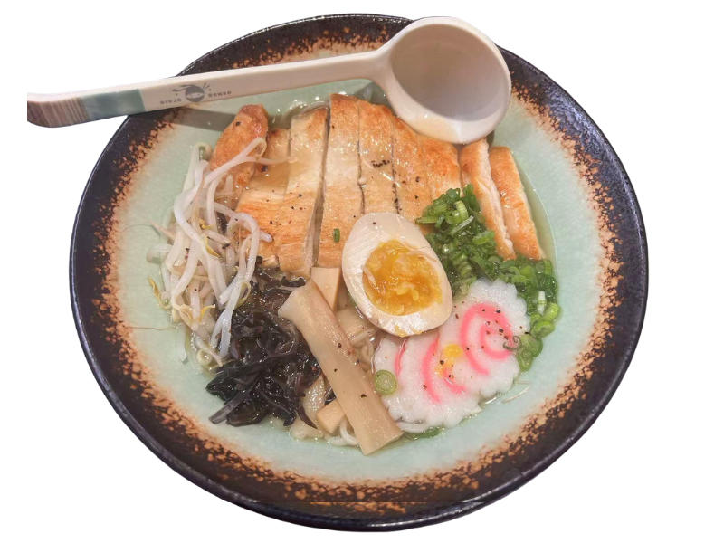 Ramen with crispy chicken katsu, bean sprouts, bamboo shoots, and egg at Ninja Ramen, a Japanese Restaurant in Englewood