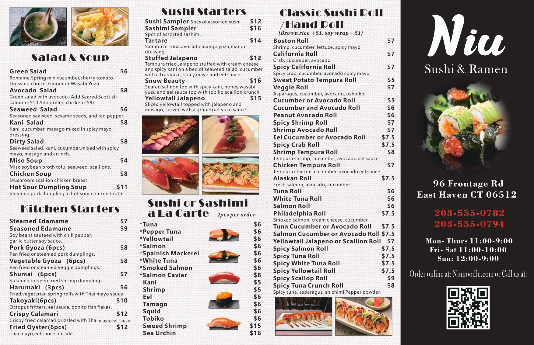 Niu Sushi & Ramen menu page 1