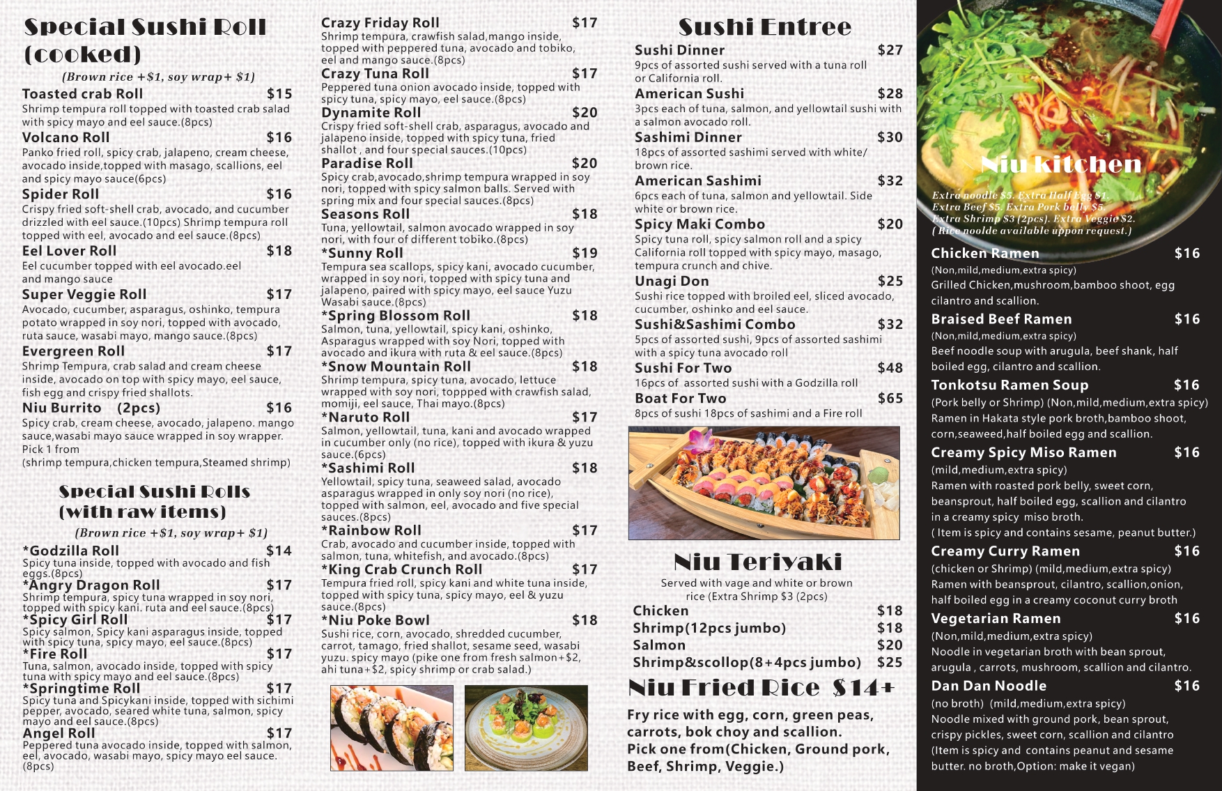Niu Sushi & Ramen menu page 2