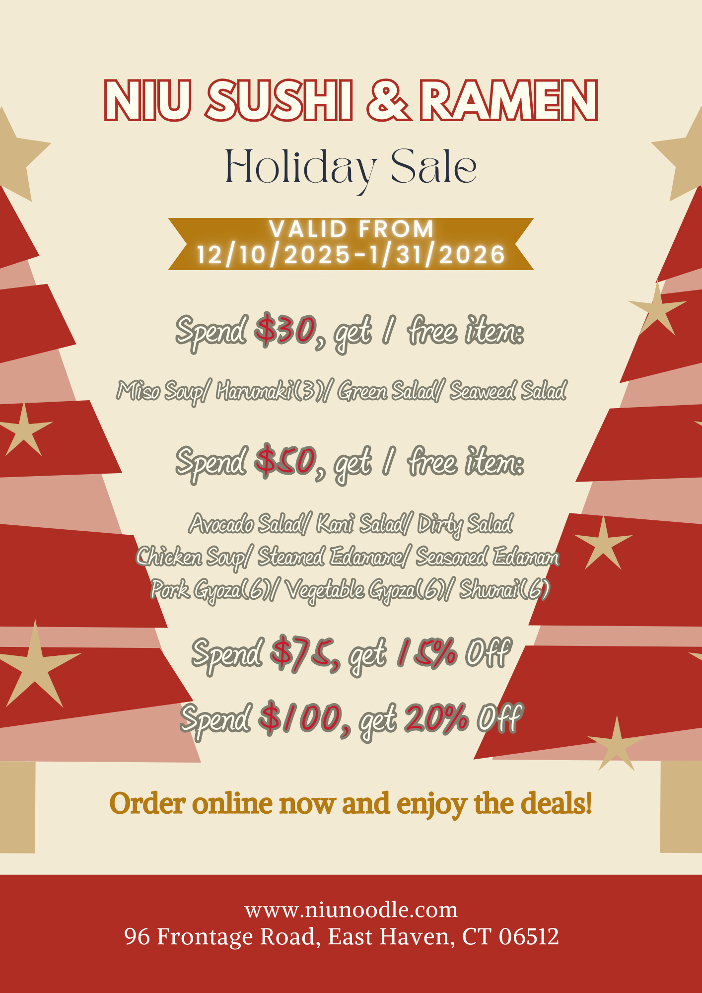 NIU SUSHI & RAMEN holiday promo: free items with $30+, 15% off $75, 20% off $100, valid 12/10/25–1/31/26.
