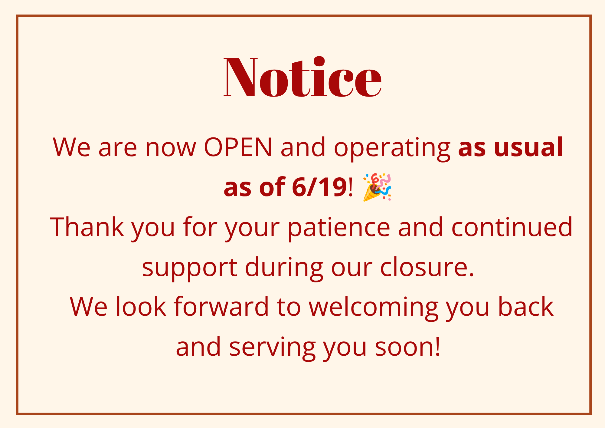 Notice of Special Operating Hours