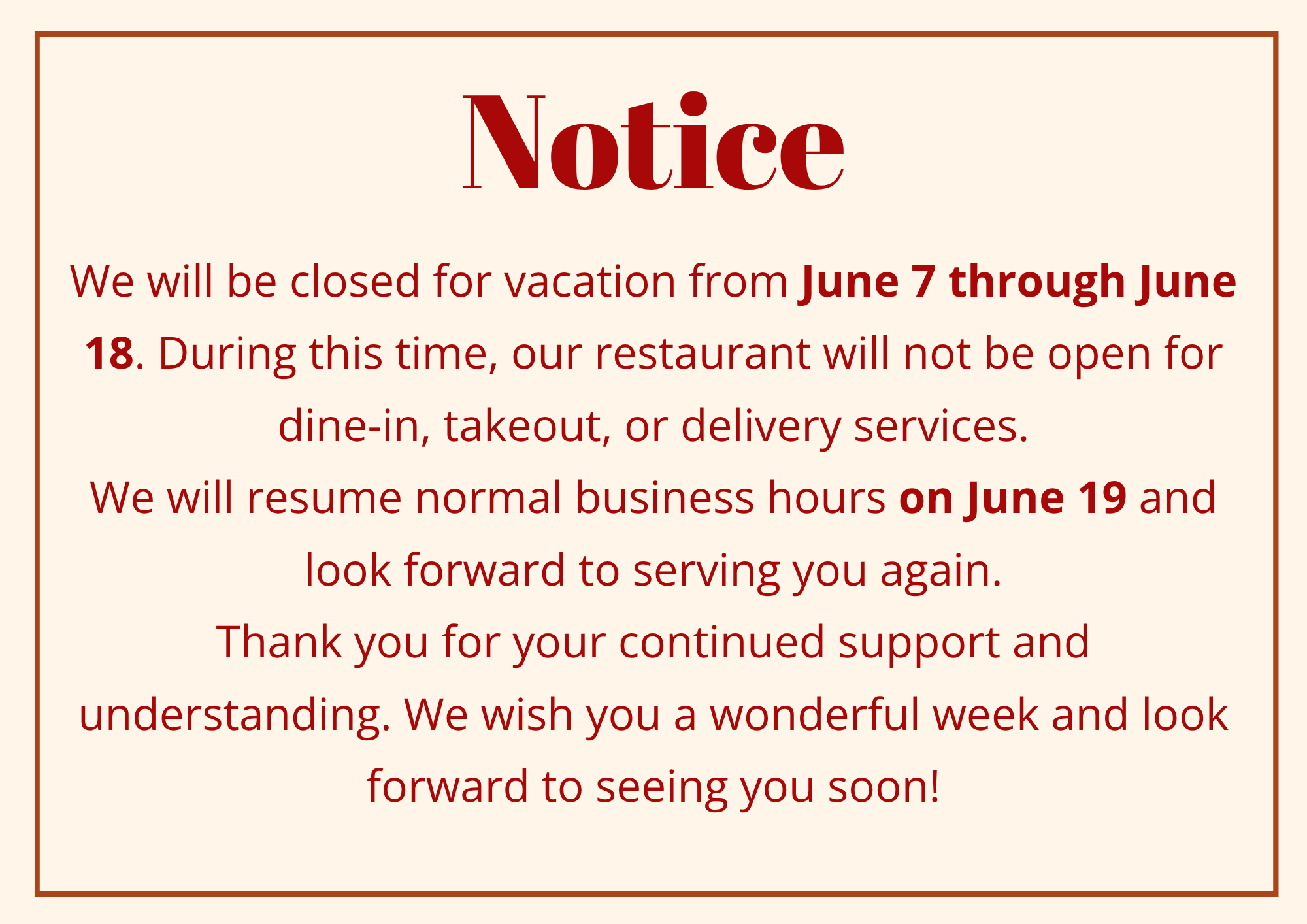 Notice of Special Operating Hours