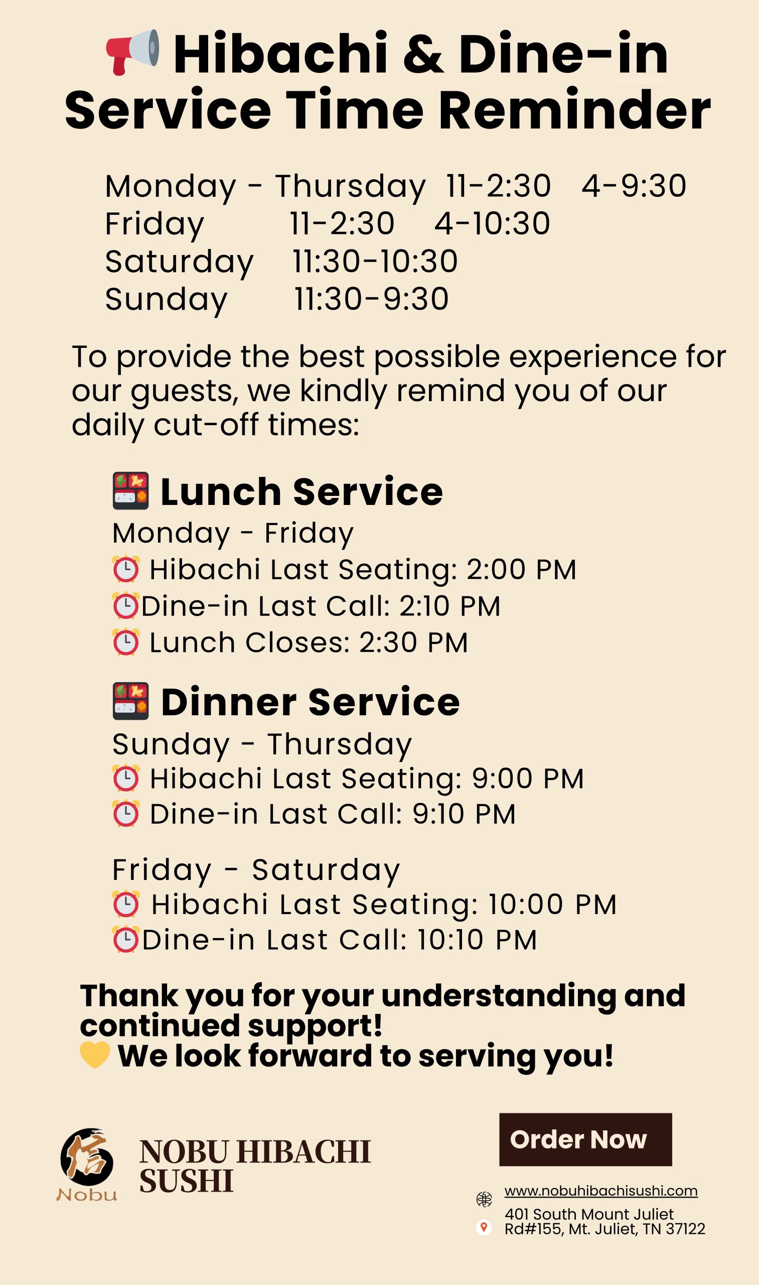 Hibachi and dine-in service hours reminder with lunch and dinner times and last seating details