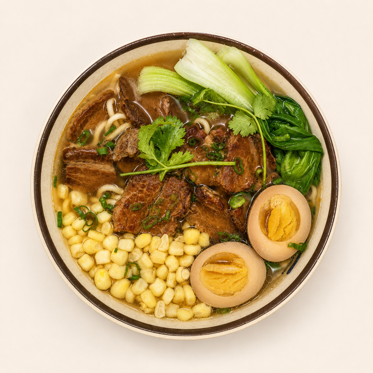 Braised Beef Noodle Soup with Egg and Corn