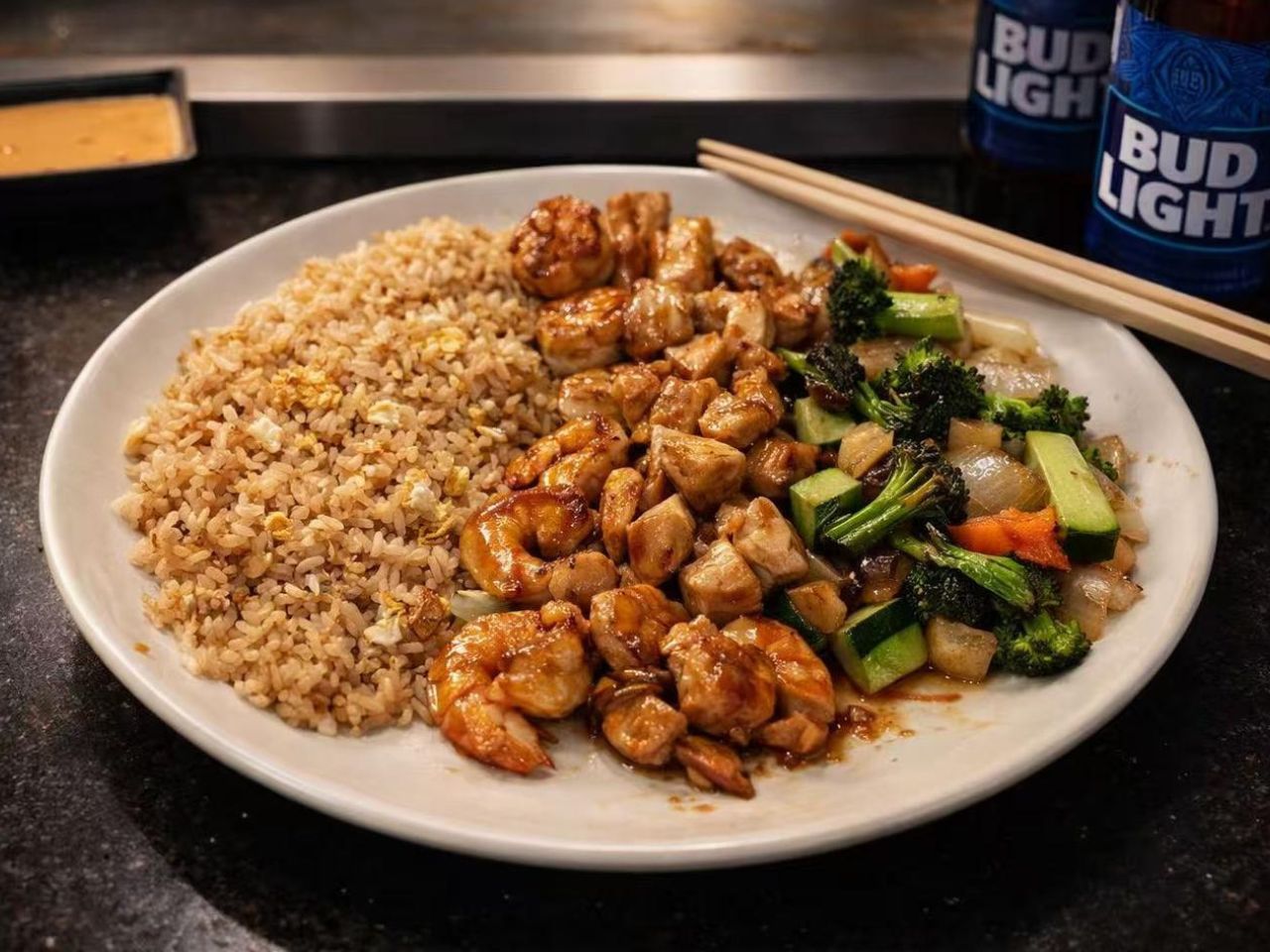 Grilled chicken and shrimp with fried rice and vegetables at Nori Hibachi Sushi, a Japanese Restaurant in Mt. Juliet