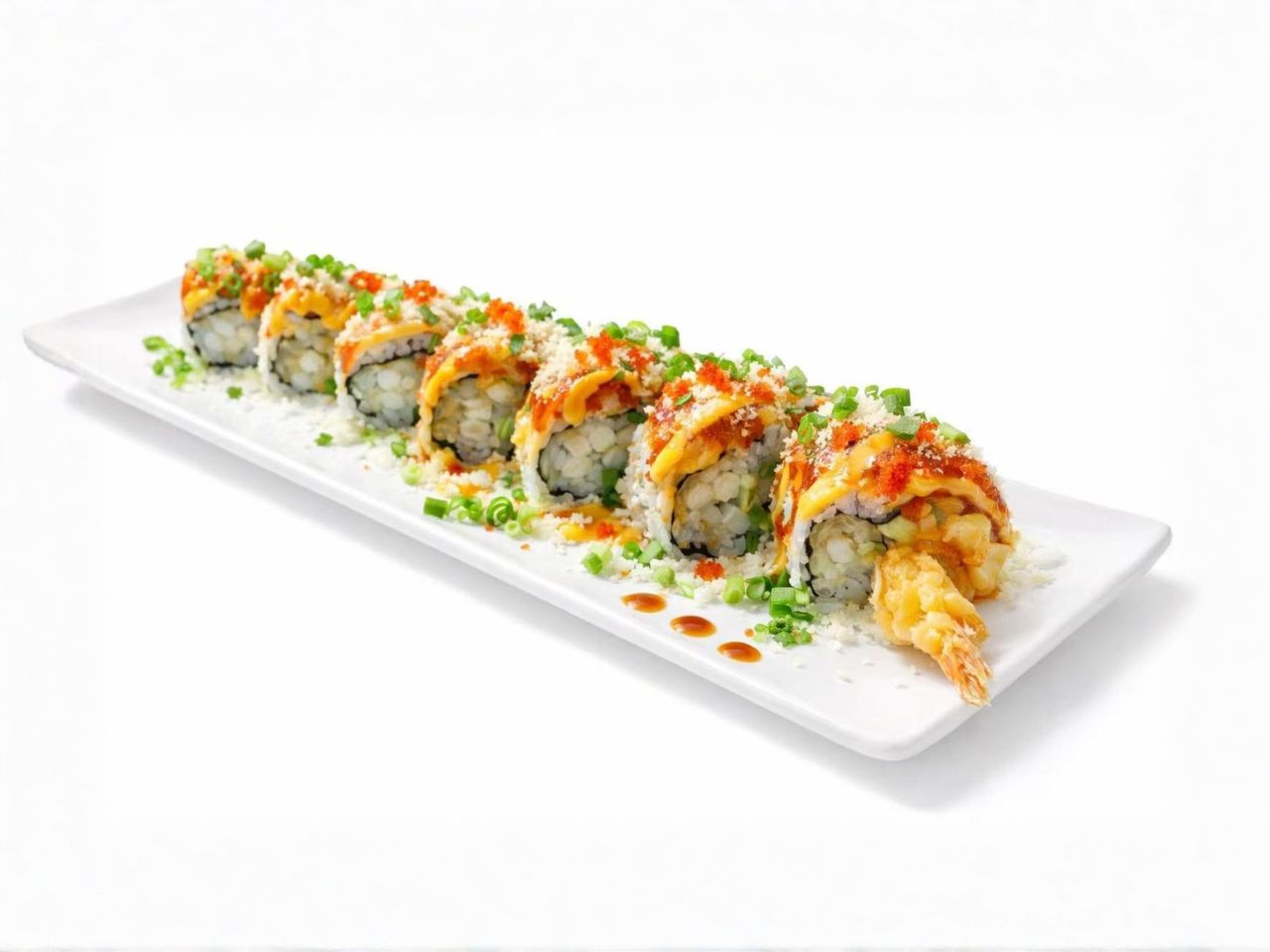 Spicy sushi roll with tempura shrimp and tobiko at Nori Hibachi Sushi, a Japanese Restaurant in Mt. Juliet