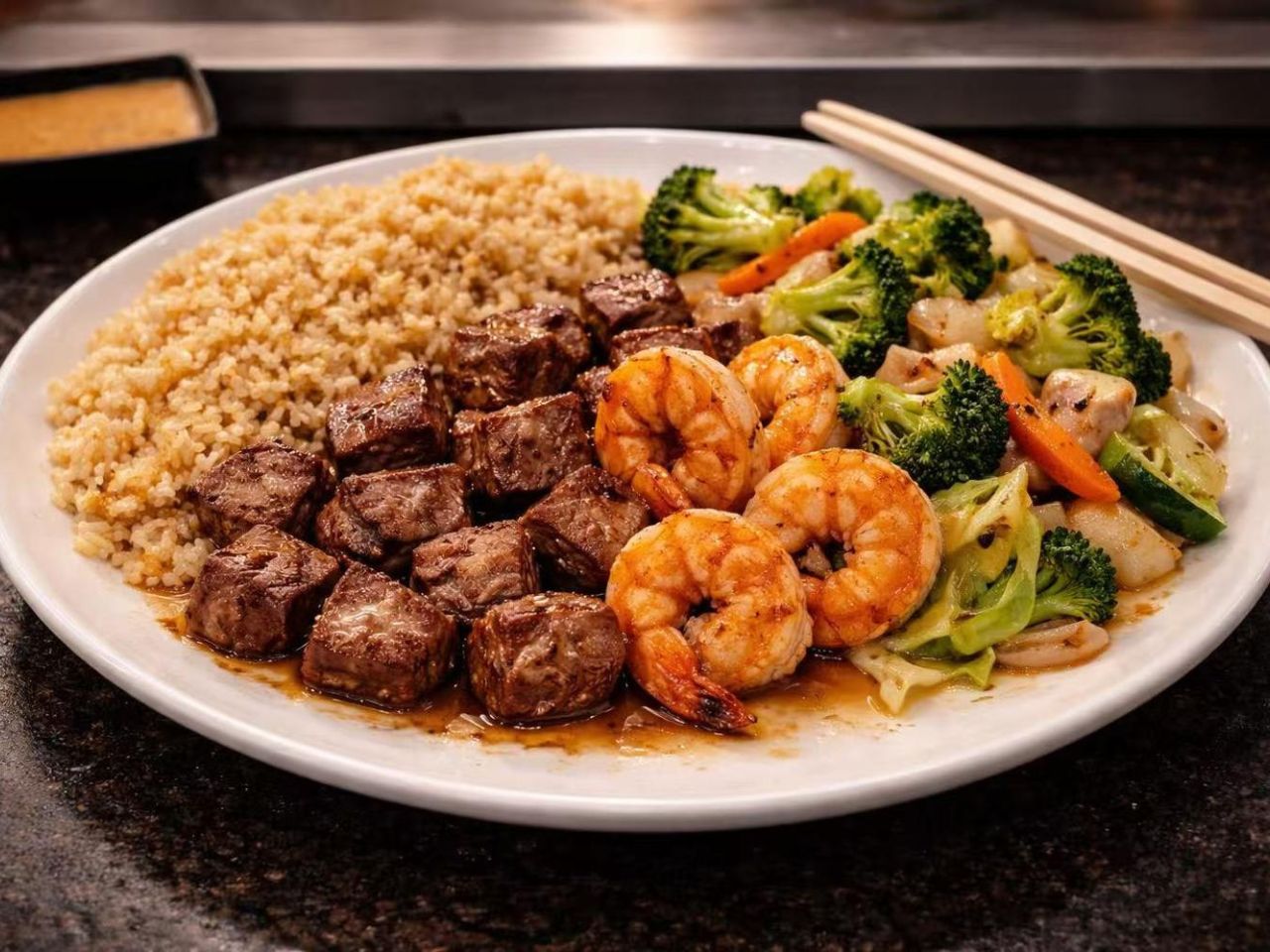 Grilled steak and shrimp with fried rice and mixed vegetables at Nori Hibachi Sushi, a Japanese Restaurant in Mt. Juliet