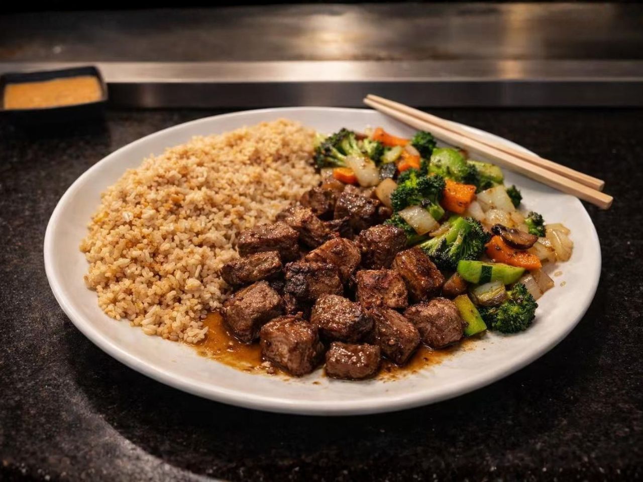 Grilled steak with fried rice and mixed vegetables at Nori Hibachi Sushi, a Japanese Restaurant in Mt. Juliet