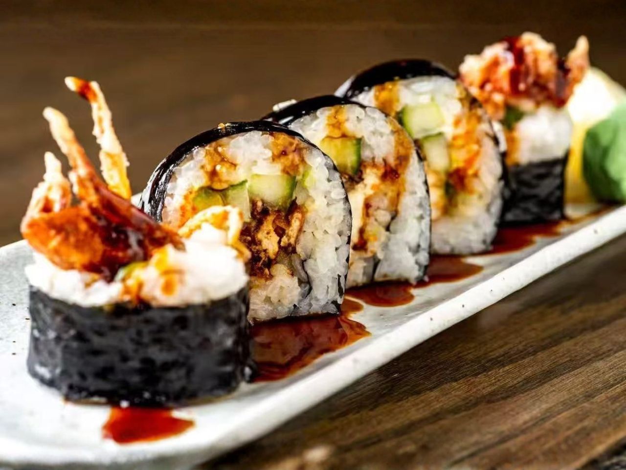 Sushi roll with soft-shell crab, cucumber and eel sauce at Nori Hibachi Sushi, a Japanese Restaurant in Mt. Juliet