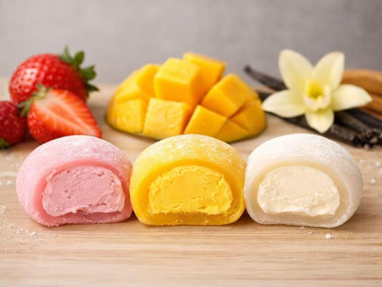 Colorful mochi ice cream with strawberry, mango and vanilla at Nori Hibachi Sushi, a Japanese Restaurant in Mt. Juliet