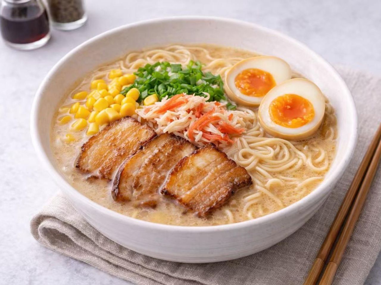 Rich pork bone ramen with chashu, egg and corn at Nori Hibachi Sushi, a Japanese Restaurant in Mt. Juliet