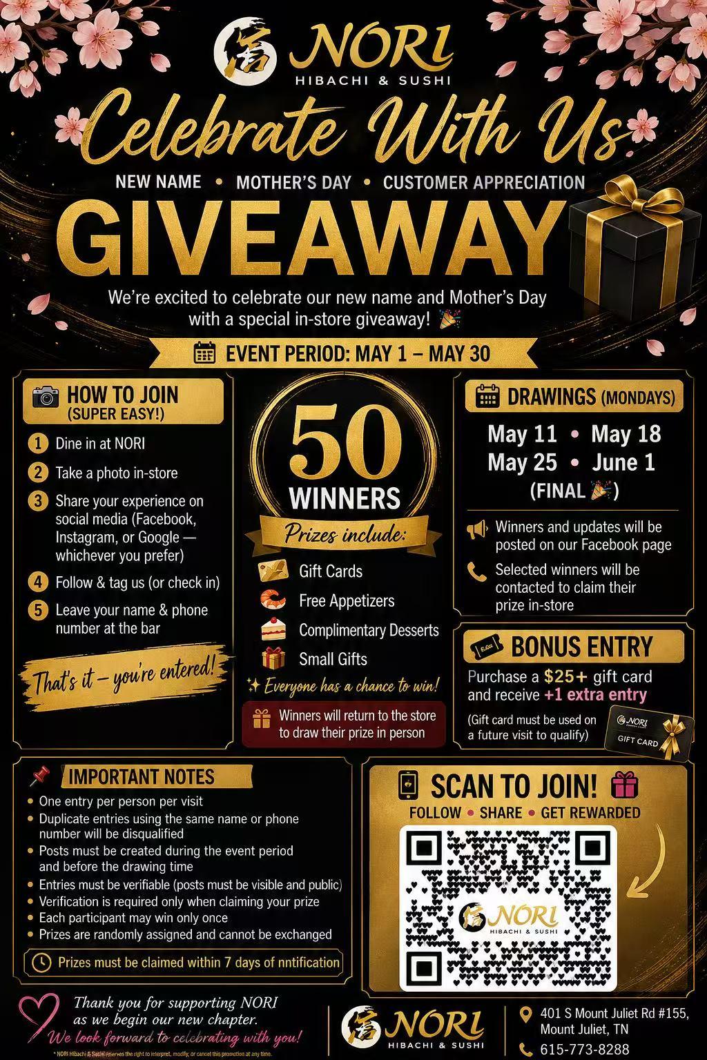 NORI rename & Mother's Day giveaway flyer, at NORI Hibachi & Sushi, a Japanese restaurant in Mount Juliet