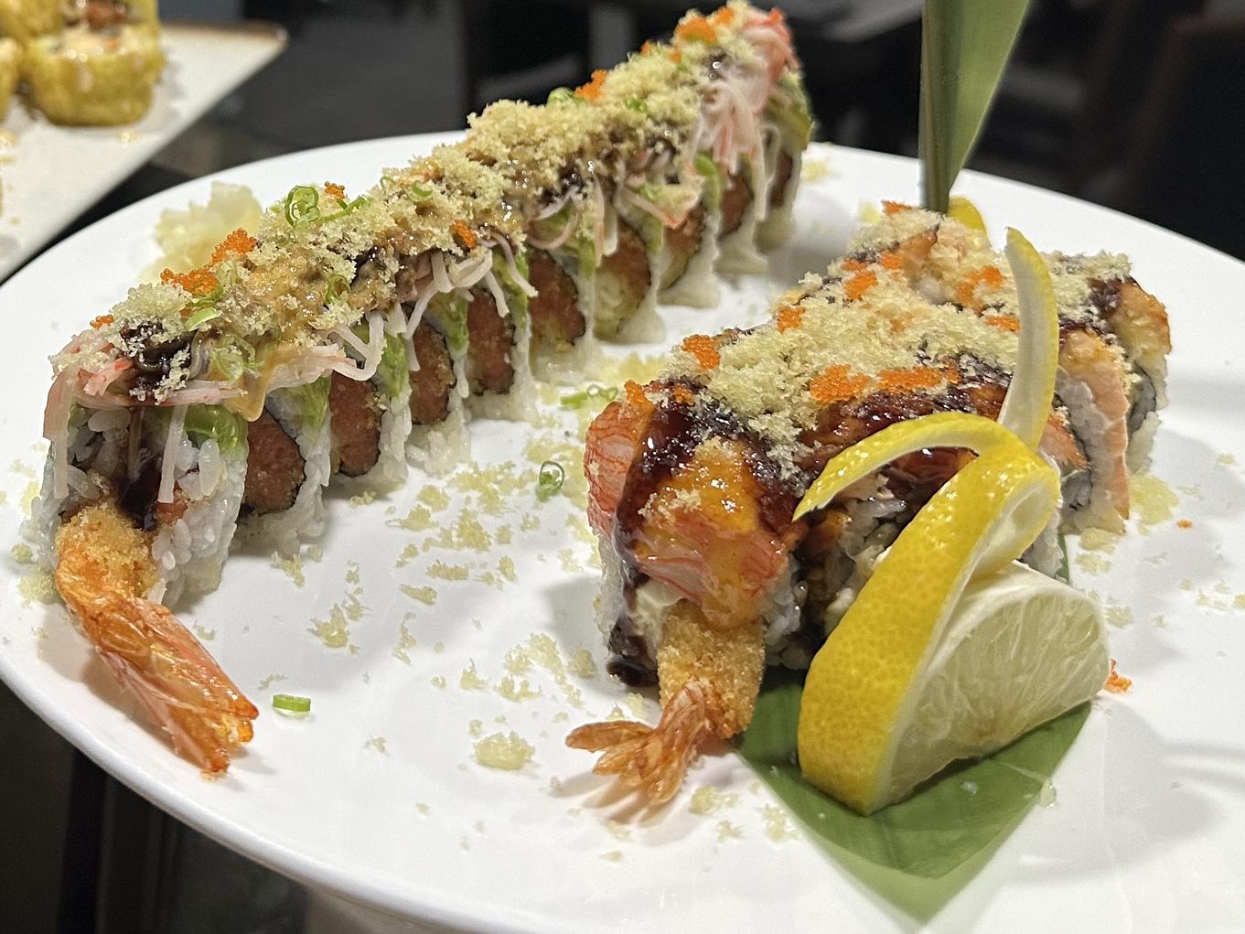 Noriya-Japanese-Cuisine-Restaurant-Shrimp-Sushi-Rolls-Decatur Sushi rolls with shrimp, garnished with lemon and other toppings at Noriya Japanese Cuisine, a Japanese Restaurant in Decatur