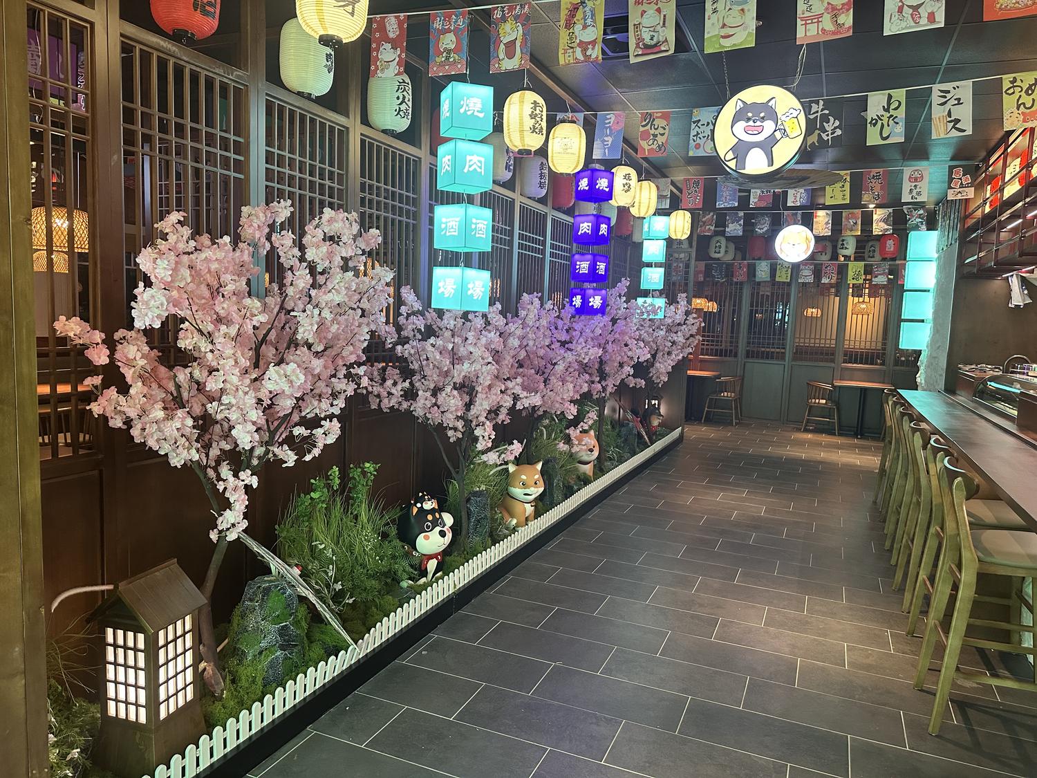 Noriya-Japanese-Cuisine-Restaurant-Whimsical-Interior-Decor-Decatur Whimsical interior of Noriya with cherry blossoms and cute decorations at Noriya Japanese Cuisine, a Japanese Restaurant in Decatur