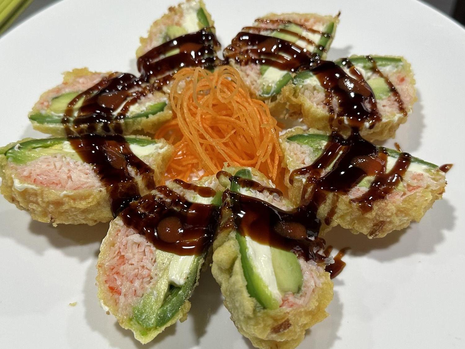 Noriya-Japanese-Cuisine-Restaurant-Fried-Sushi-Rolls-Decatur Fried sushi rolls with fillings like cucumber and crab, drizzled with sauce at Noriya Japanese Cuisine, a Japanese Restaurant in Decatur