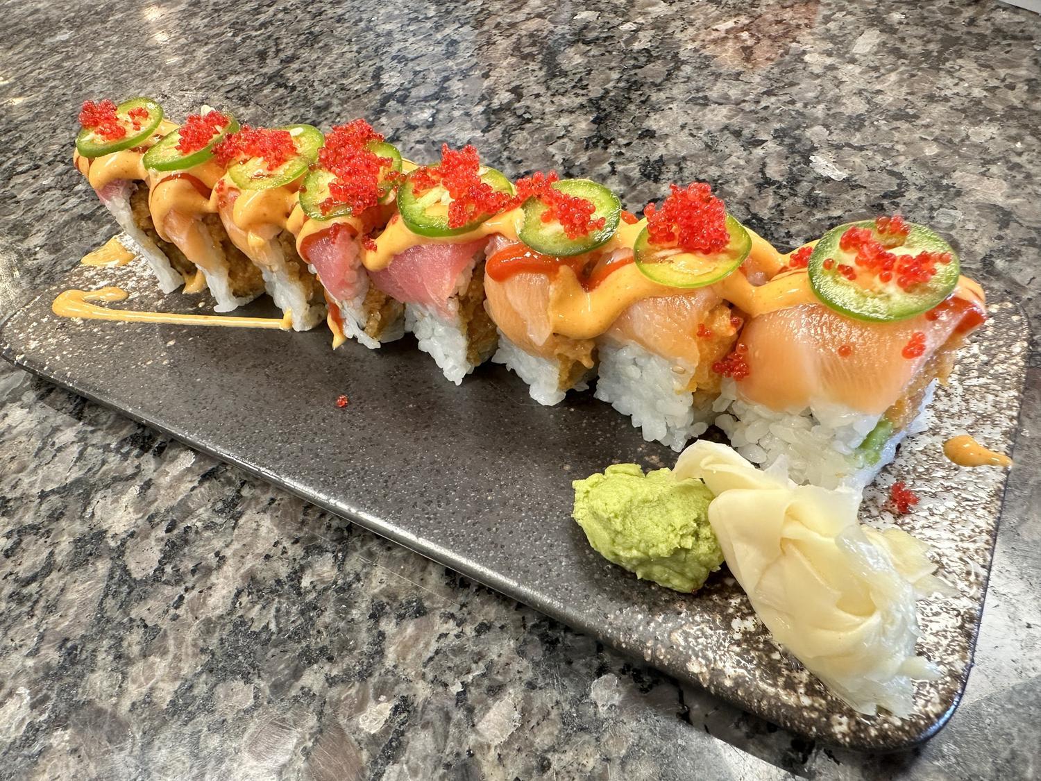Noriya-Japanese-Cuisine-Restaurant-Spicy-Tuna-Sushi-Roll-Decatur Spicy tuna sushi roll with jalapeño and tobiko at Noriya Japanese Cuisine, a Japanese Restaurant in Decatur