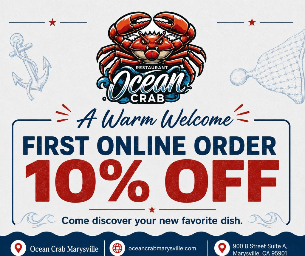 Ocean Crab Restaurant promotional flyer offering 10% off for the first online order.