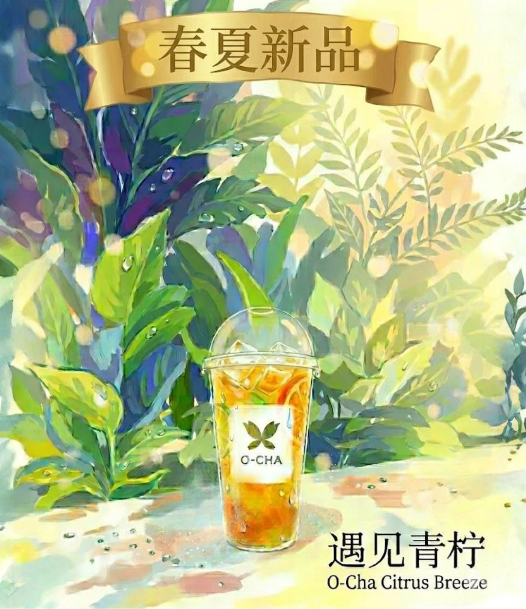 Watercolor poster for O-Cha Citrus Breeze iced tea featuring a cold cup among vibrant green foliage.