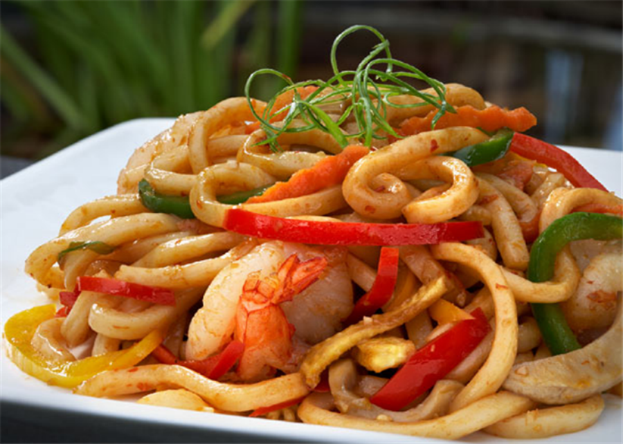 Seafood and pepper stir-fried thick udon noodles at Ocha Asian-Japanese Cuisine，a Asian Restaurant in Caldwell