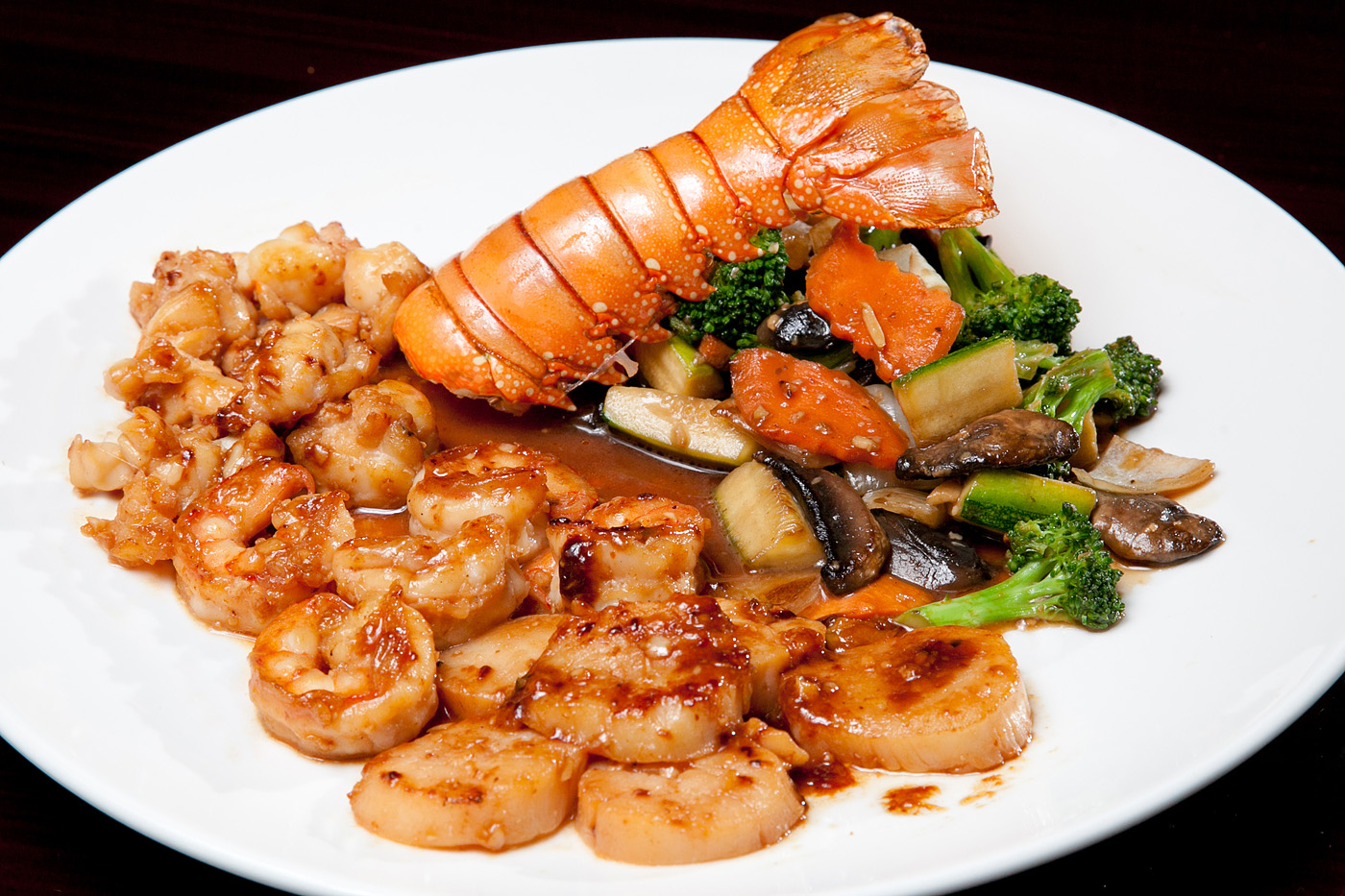 Wok-fried lobster tail, scallops and mixed vegetables at Ocha Asian-Japanese Cuisine，a Asian Restaurant in Caldwell