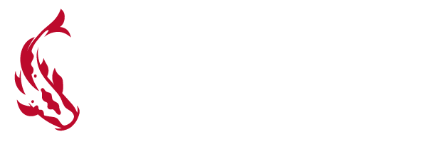 Oishi Sushi & Izakaya logo: red stylized koi fish with white text