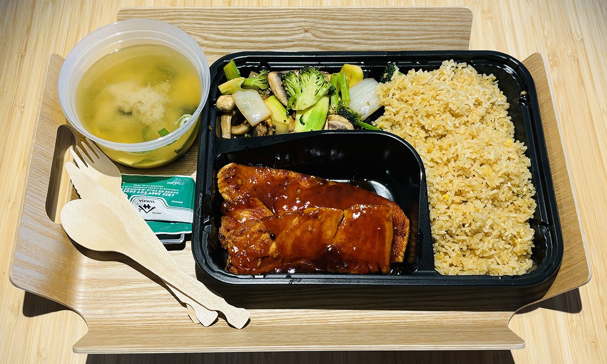 Flavorful salmon with hibachi veggies, fried rice, and soup at Oishi Sushi Express, a Japanese Restaurant in Cherry Hill Township