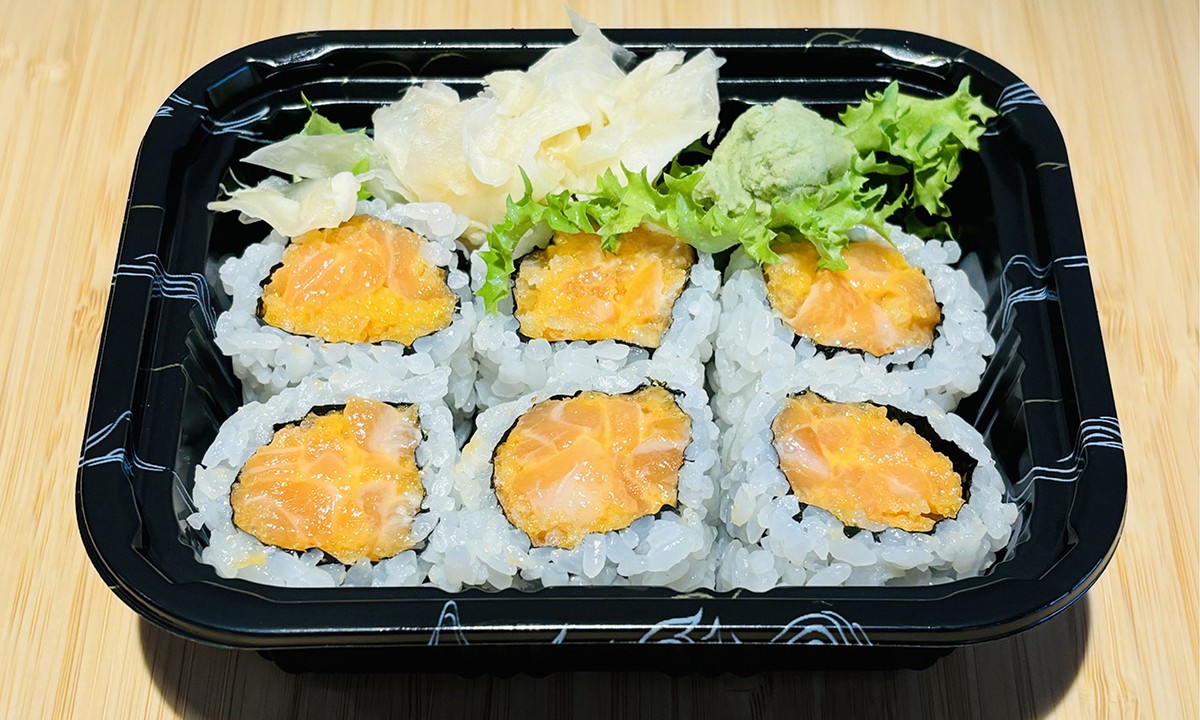 Spicy salmon sushi roll with wasabi and ginger at Oishi Sushi Express, a Japanese Restaurant in Cherry Hill Township
