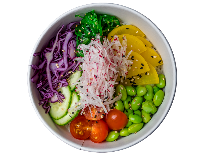 Poke bowl with tomato, cucumber, edamame & cabbage at Okie Poke, a Poke Bowl Restaurant in Sarasota