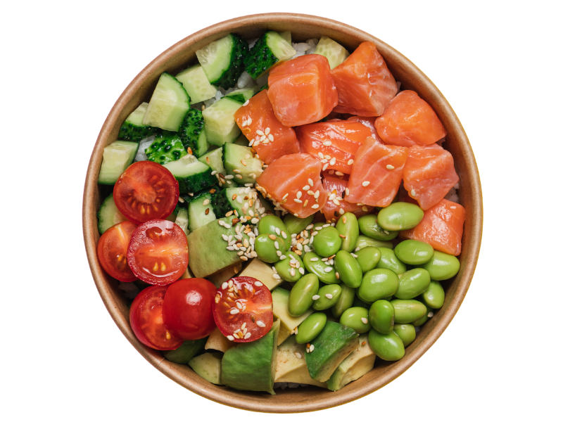 Poke bowl with salmon, avocado, cucumber & edamame at Okie Poke, a Poke Bowl Restaurant in Sarasota