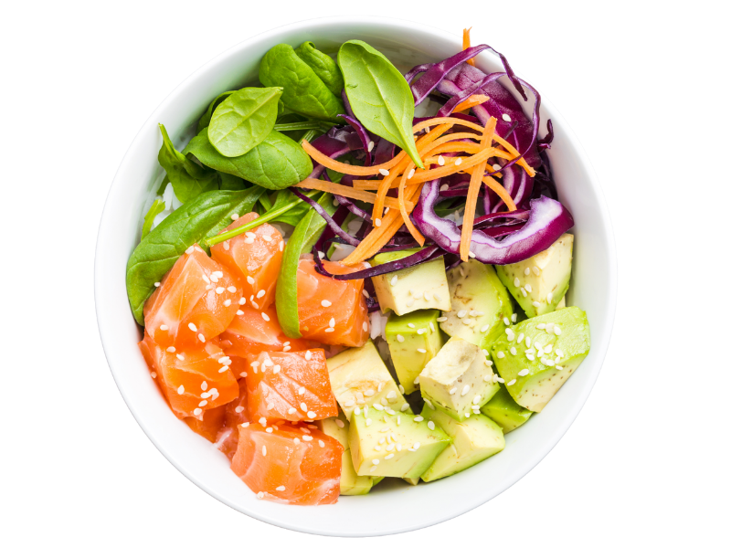 Poke bowl with salmon, avocado, spinach & cabbage at Okie Poke, a Poke Bowl Restaurant in Sarasota