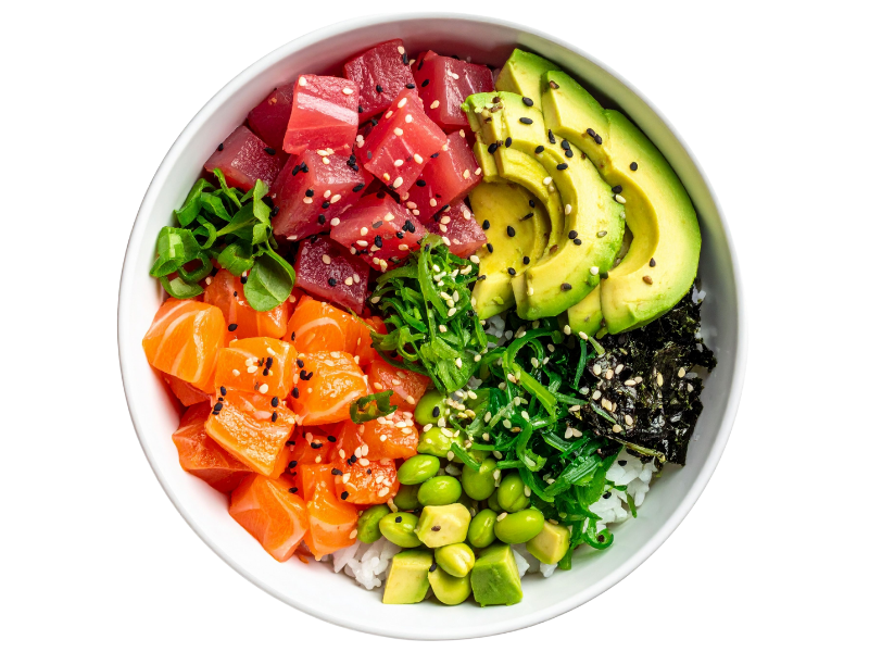 Poke bowl with tuna, salmon, avocado & edamame at Okie Poke, a Poke Bowl Restaurant in Sarasota