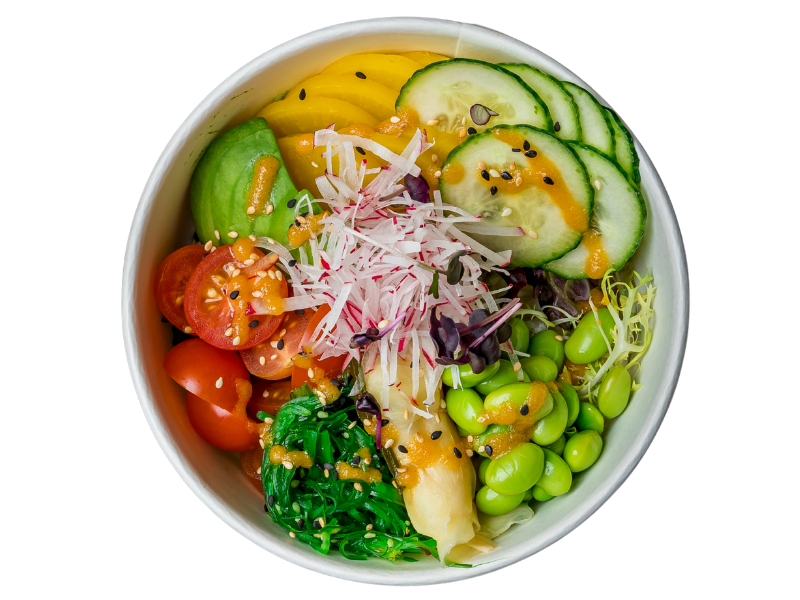 Poke bowl with avocado, tomato, cucumber & edamame at Okie Poke, a Poke Bowl Restaurant in Sarasota