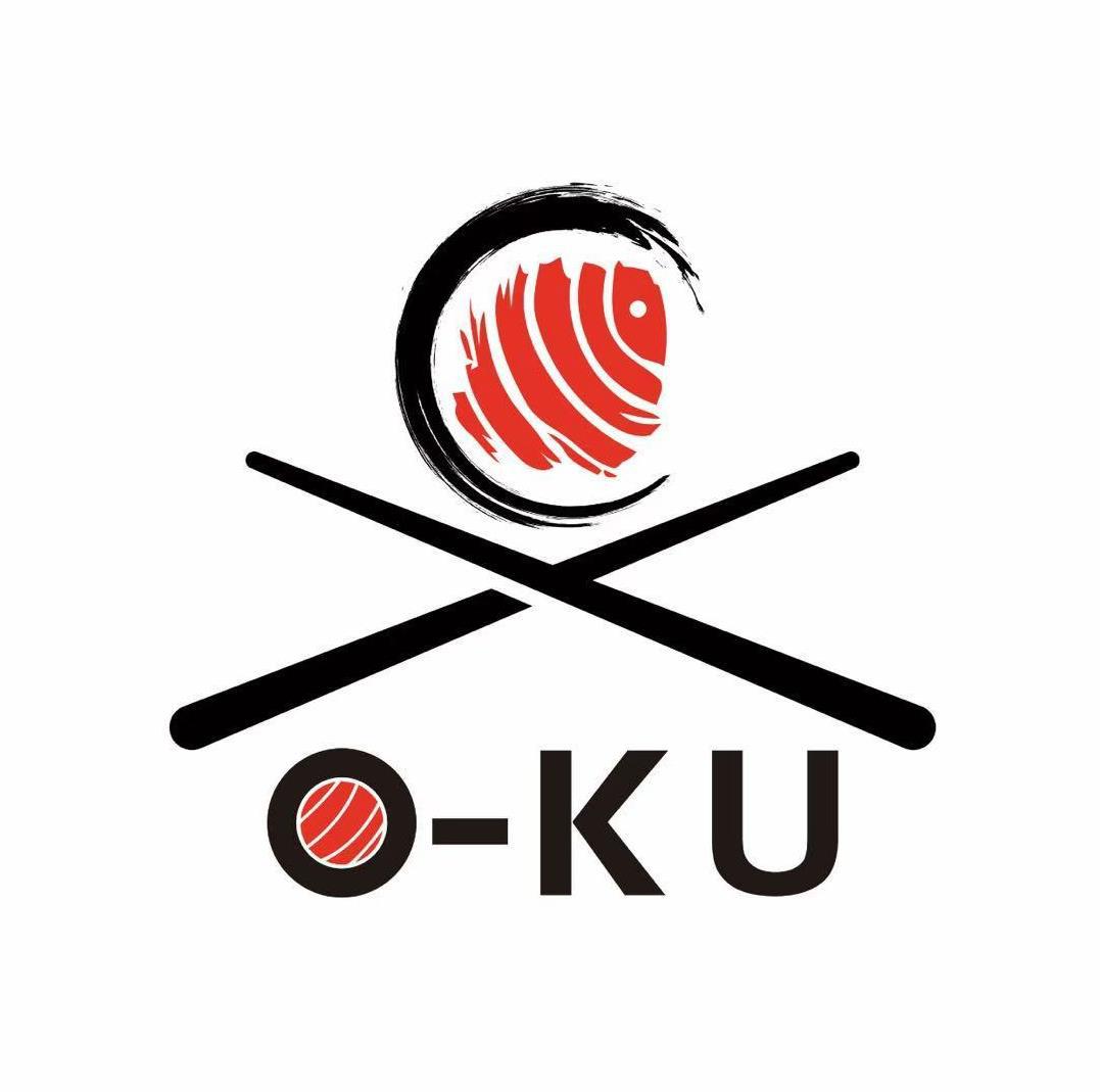 O-Ku restaurant logo with brush circle, fish pattern and crossed chopsticks at O-Ku Sushi & Ramen，a Japanese Restaurant in Roy