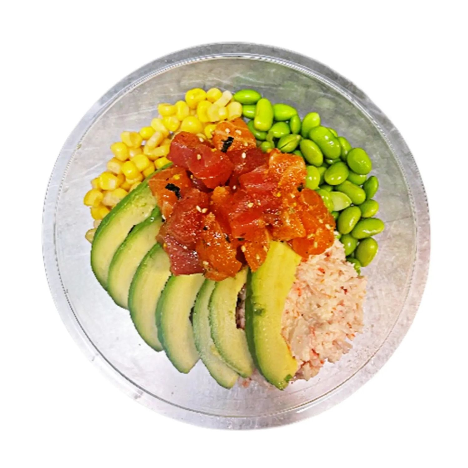 Colorful poke bowl with tuna, avocado, corn, edamame and crab meat at O-Ku Sushi & Ramen，a Japanese Restaurant in Roy