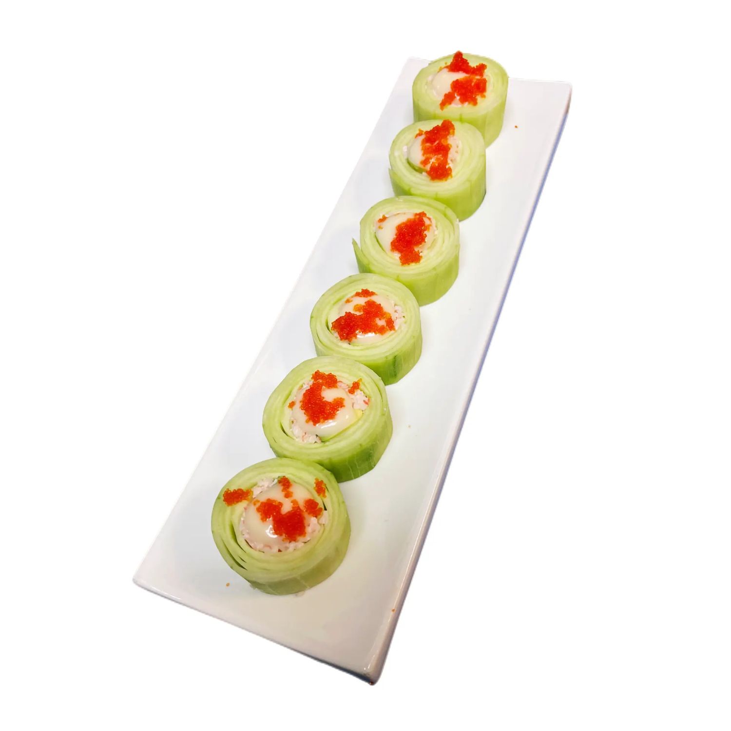 Six cucumber sushi rolls topped with bright red fish roe at O-Ku Sushi & Ramen，a Japanese Restaurant in Roy