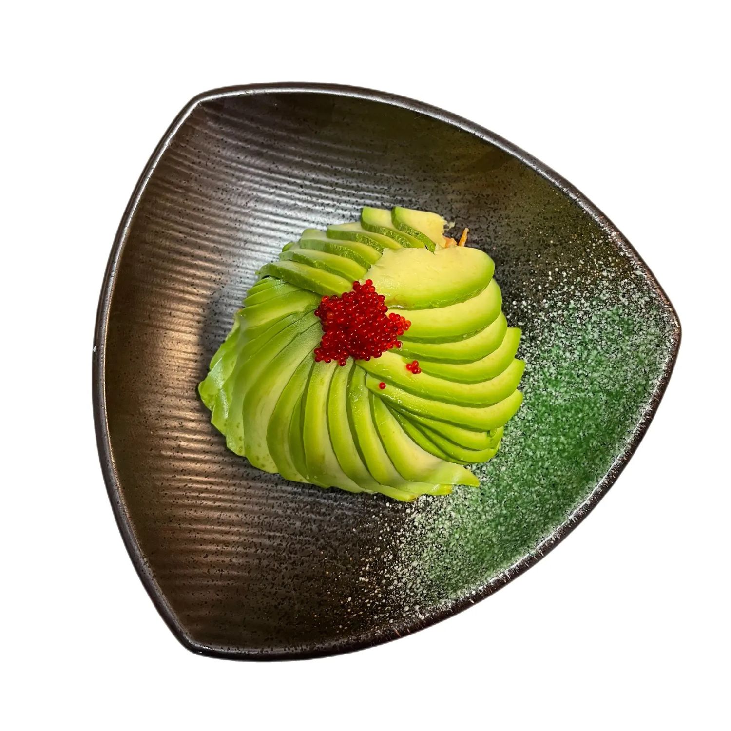 Neat sliced avocado garnished with red fish roe on a dark plate at O-Ku Sushi & Ramen，a Japanese Restaurant in Roy