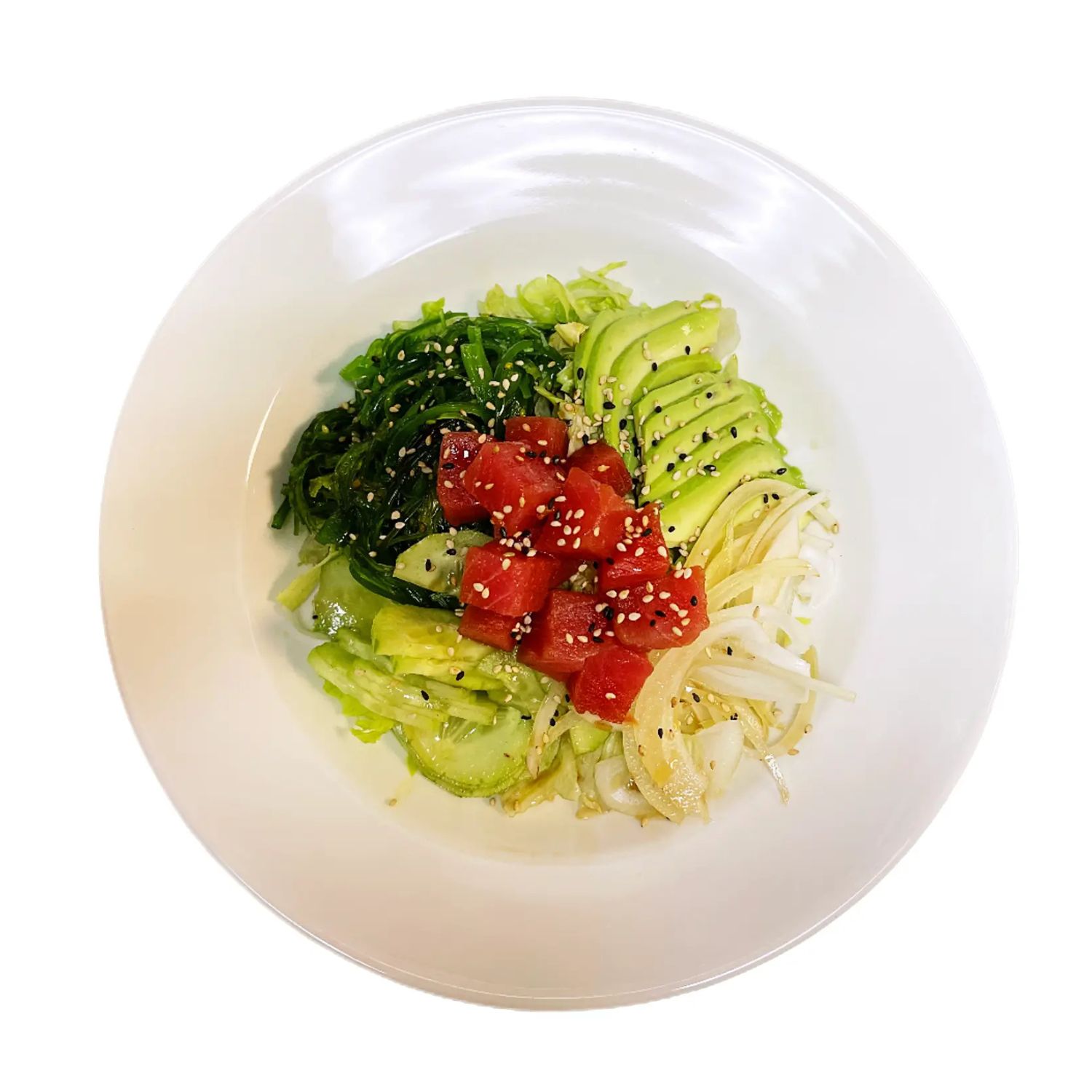 Mixed fresh salad with seaweed, avocado, tuna and white sesame seeds at O-Ku Sushi & Ramen，a Japanese Restaurant in Roy