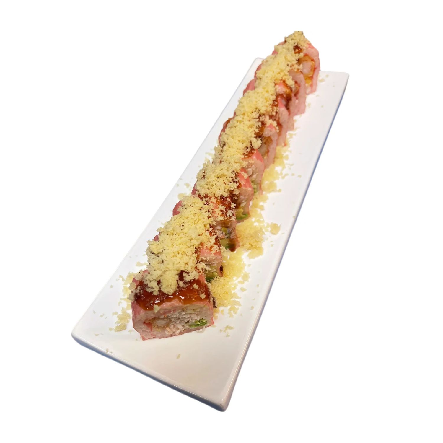 Long pink sushi roll covered with crispy crumbs and savory sauce at O-Ku Sushi & Ramen，a Japanese Restaurant in Roy