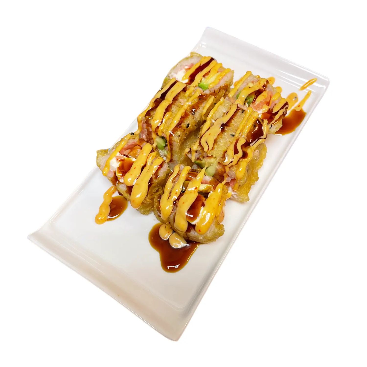 Crispy fried sushi rolls drizzled with spicy mayo and thick brown sauce at O-Ku Sushi & Ramen，a Japanese Restaurant in Roy