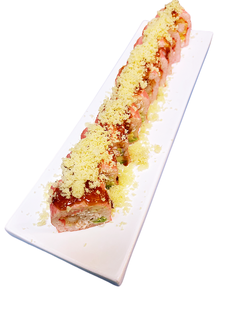 Crunchy sushi roll topped with golden crumbs at O-Ku Sushi & Poke, a Japanese Restaurant in Sandy