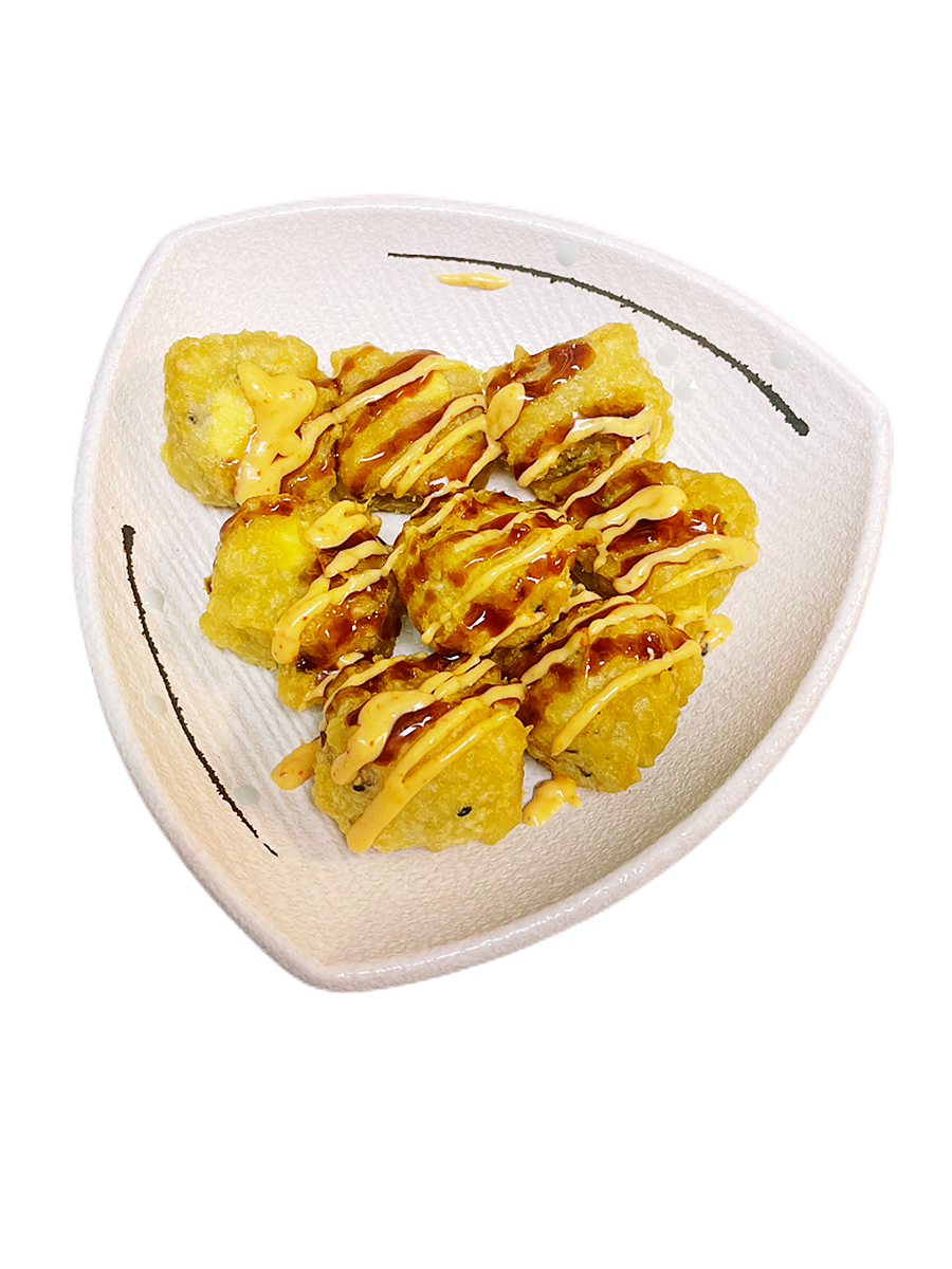 Crispy sushi bites with creamy and sweet sauces at O-Ku Sushi & Poke, a Japanese Restaurant in Sandy